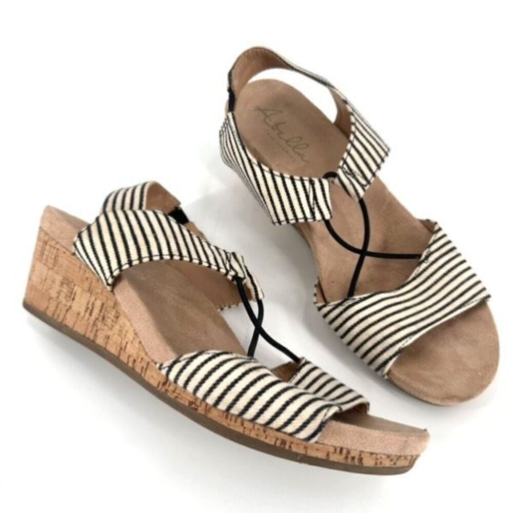 Abella Women's Mariah Striped Strappy Cork Wedge Sandals Black White Size‎ 6